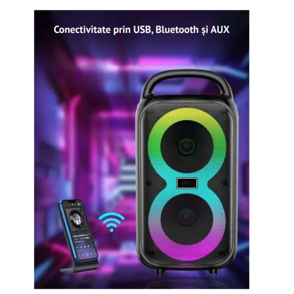 boxa portabila cu usb, bluetooth, lumini led rgb, 6w, tf, aux, baterie reincarcabila negru, impact vision® boxa portabila cu usb, bluetooth, lumini led rgb, 6w, tf, aux, baterie reincarcabila negru, impact vision®