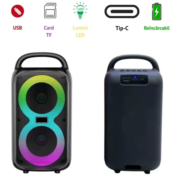 boxa portabila cu usb, bluetooth, lumini led rgb, 6w, tf, aux, baterie reincarcabila negru, impact vision® boxa portabila cu usb, bluetooth, lumini led rgb, 6w, tf, aux, baterie reincarcabila negru, impact vision®