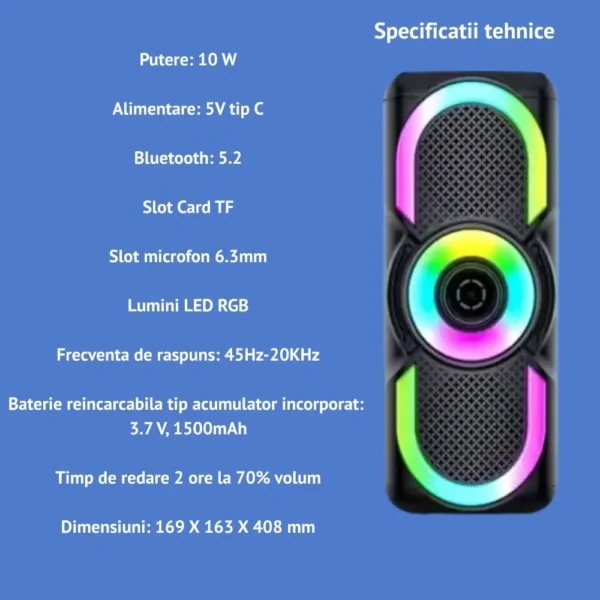 boxa portabila cu usb, bluetooth, lumini led rgb, 10 w, tf, aux, baterie reincarcabila negru, impact vision® boxa portabila cu usb, bluetooth, lumini led rgb, 10 w, tf, aux, baterie reincarcabila negru, impact vision®