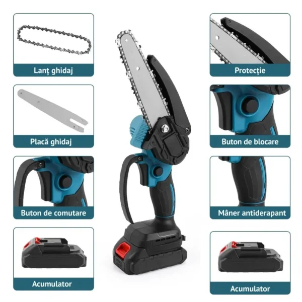 mini fierastrau electric portabil / mini drujba cu lant pe acumulator, acumulatori de 48 v, albastru, impact vision® mini fierastrau electric portabil / mini drujba cu lant pe acumulator, acumulatori de 48 v, albastru, impact vision®