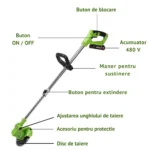 motocoasa electrica cu acumulator, fara fir, cu disc, 2 acumulatori inclusi, 18000 rpm, 3 tipuri de lame de taiere, , 7 accesorii interschimbabile, din abs si metal, verde, impact vision®