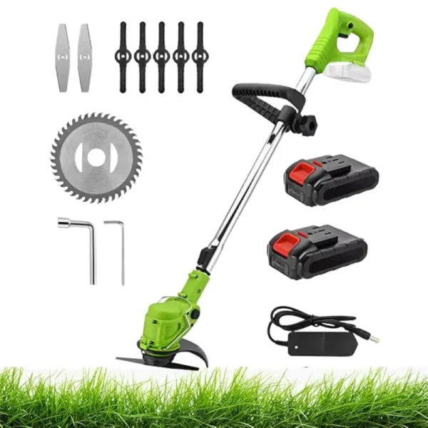 motocoasa electrica cu acumulator, fara fir, cu disc, 2 acumulatori inclusi, 18000 rpm, 3 tipuri de lame de taiere, , 7 accesorii interschimbabile, din abs si metal, verde, impact vision®