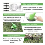 motocoasa electrica cu acumulator, fara fir, cu disc, 2 acumulatori inclusi, 18000 rpm, 3 tipuri de lame de taiere, , 7 accesorii interschimbabile, din abs si metal, verde, impact vision®
