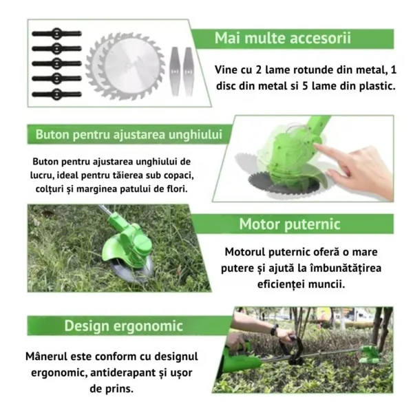 motocoasa electrica cu acumulator, fara fir, cu disc, 2 acumulatori inclusi, 18000 rpm, 3 tipuri de lame de taiere, , 7 accesorii interschimbabile, din abs si metal, verde, impact vision® motocoasa electrica cu acumulator, fara fir, cu disc, 2 acumulatori inclusi, 18000 rpm, 3 tipuri de lame de taiere, , 7 accesorii interschimbabile, din abs si metal, verde, impact vision®