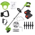 motocoasa electrica cu acumulator, fara fir, cu disc, 2 acumulatori inclusi, 18000 rpm, 3 tipuri de lame de taiere, , 7 accesorii interschimbabile, din abs si metal, verde, impact vision®
