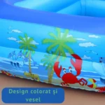 piscina gonflabila pentru copii, multicolora, dreptunghiulara, baza moale si trei inele gonflabile, dimensiuni 210x 135 x 54 cm, vinil rezistent, gradina si exterior, impact vision®