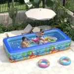 piscina gonflabila pentru copii, multicolora, dreptunghiulara, baza moale si trei inele gonflabile, dimensiuni 180 x 125 x 54 cm, vinil rezistent, gradina si exterior, impact vision®