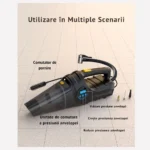 aspirator auto portabil multifuncțional 4 in 1, compresor anvelope, manometru, lanternă led, 100w, negru, impact vision®