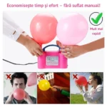 compresor profesional electric pentru umflat baloane, 600w, cu doua orificii, mod automat/manual, roz impact vision®