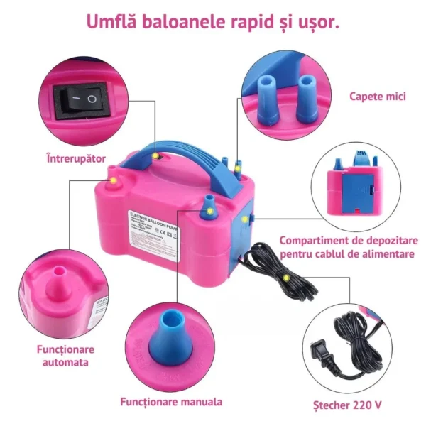 compresor profesional electric pentru umflat baloane, 600w, cu doua orificii, mod automat/manual, roz impact vision® compresor profesional electric pentru umflat baloane, 600w, cu doua orificii, mod automat/manual, roz impact vision®