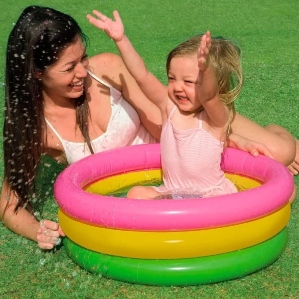 piscina gonflabila pentru copii, multicolora, rotunda, baza moale si doua inele gonflabile, dimensiuni 60 x 22 cm, vinil rezistent, gradina si exterior, impact vision®
