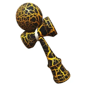 Kendama profesionala din lemn, 18 cm – model clasic cu design crapat, culoare Galben/Negru, Impact Vision®