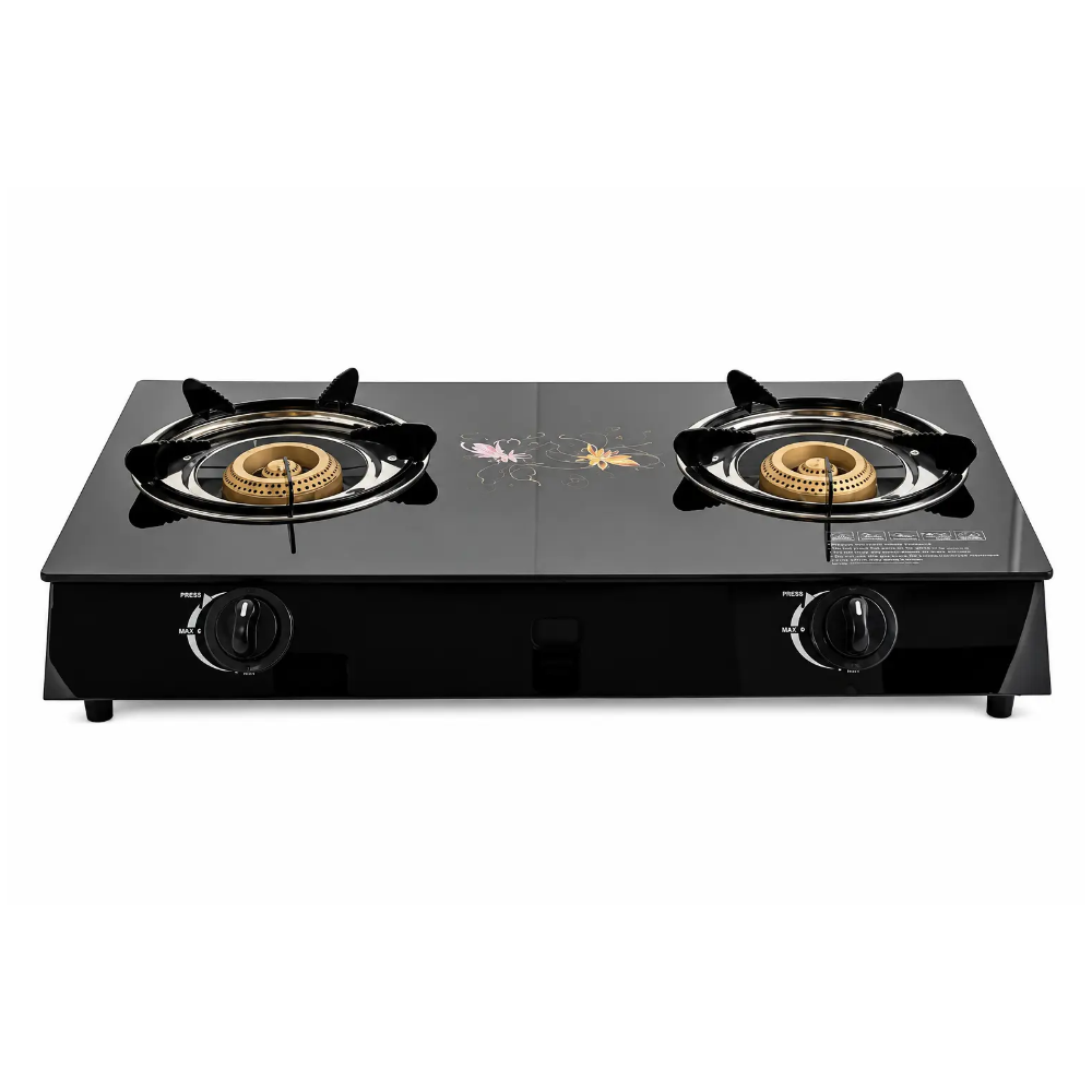 aragaz pe gaz portabil cu 2 ochiuri impact vision®, sticlă securizată, aprindere piezoelectrică, negru cu motive florale