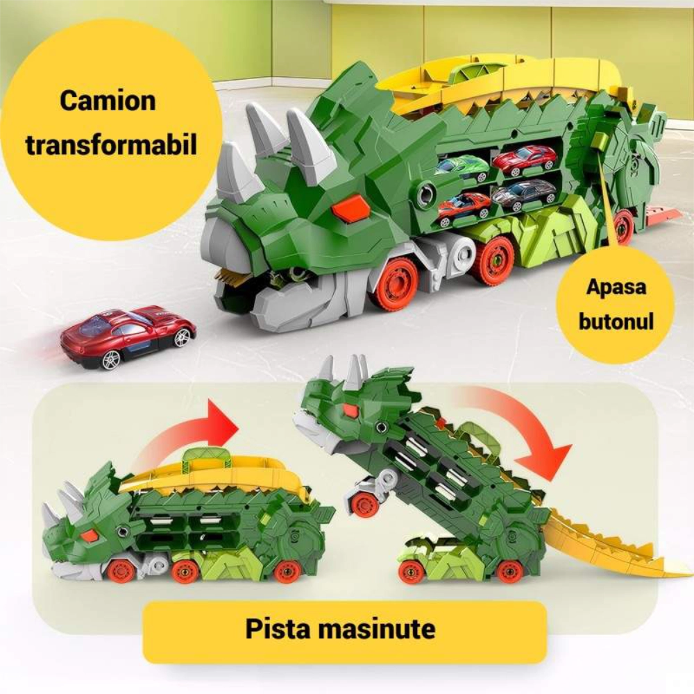 camion dinozaur triceratops 3 in 1 impact vision®, pista lansare si transportator masinute, verde