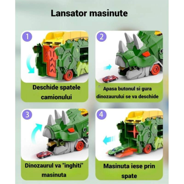 camion dinozaur triceratops 3 in 1 impact vision®, pista lansare si transportator masinute, verde camion dinozaur triceratops 3 in 1 impact vision®, pista lansare si transportator masinute, verde