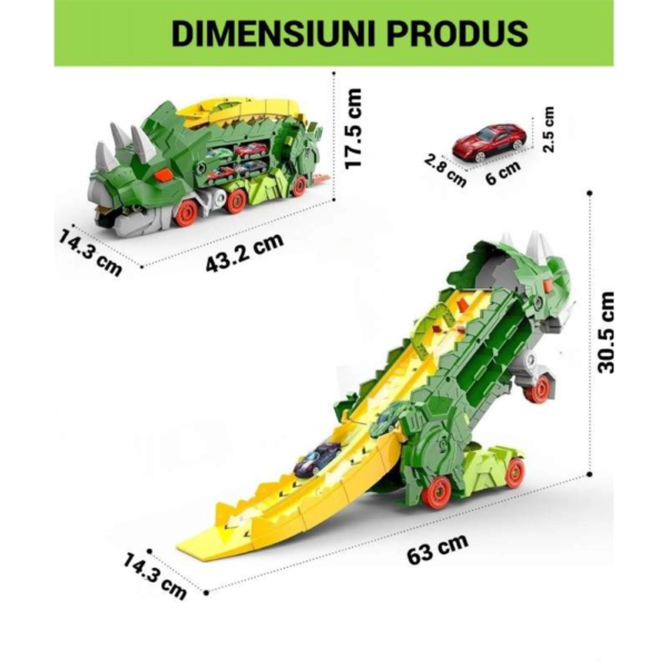 camion dinozaur triceratops 3 in 1 impact vision®, pista lansare si transportator masinute, verde camion dinozaur triceratops 3 in 1 impact vision®, pista lansare si transportator masinute, verde