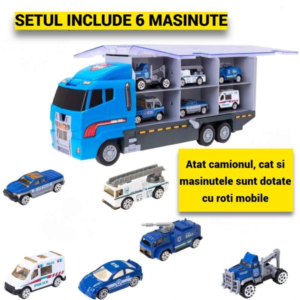 jucarie camion transport auto cu trailer impact vision®, 6 masinute, platforma tractare, albastru jucarie camion transport auto cu trailer impact vision®, 6 masinute, platforma tractare, albastru