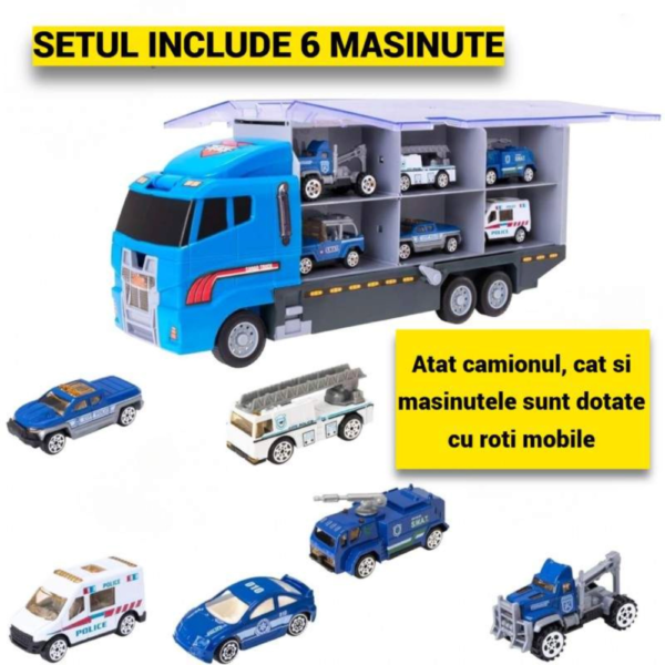 jucarie camion transport auto cu trailer impact vision®, 6 masinute, platforma tractare, albastru jucarie camion transport auto cu trailer impact vision®, 6 masinute, platforma tractare, albastru