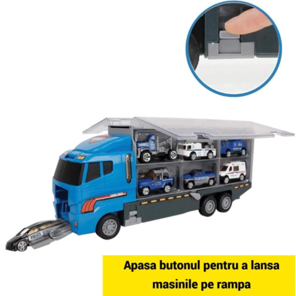 jucarie camion transport auto cu trailer impact vision®, 6 masinute, platforma tractare, albastru jucarie camion transport auto cu trailer impact vision®, 6 masinute, platforma tractare, albastru