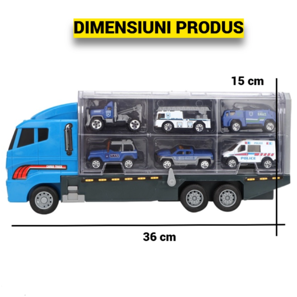 jucarie camion transport auto cu trailer impact vision®, 6 masinute, platforma tractare, albastru jucarie camion transport auto cu trailer impact vision®, 6 masinute, platforma tractare, albastru