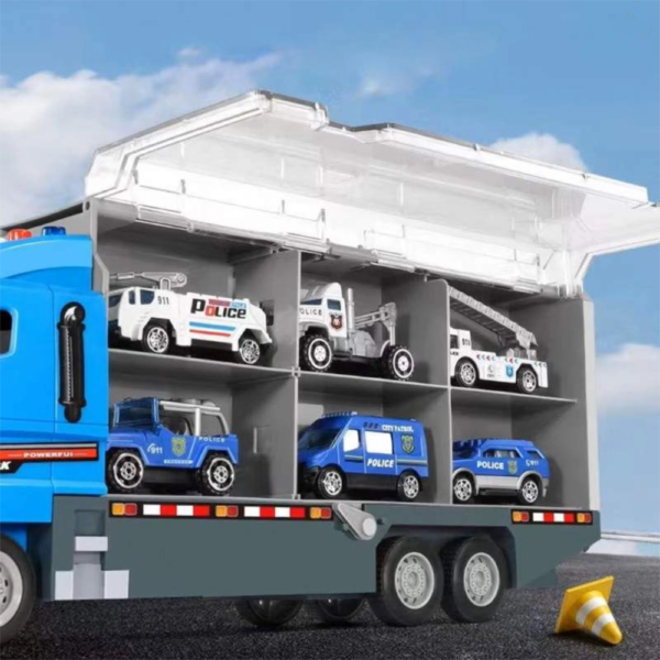 jucarie camion transport auto cu trailer impact vision®, 6 masinute, platforma tractare, albastru jucarie camion transport auto cu trailer impact vision®, 6 masinute, platforma tractare, albastru