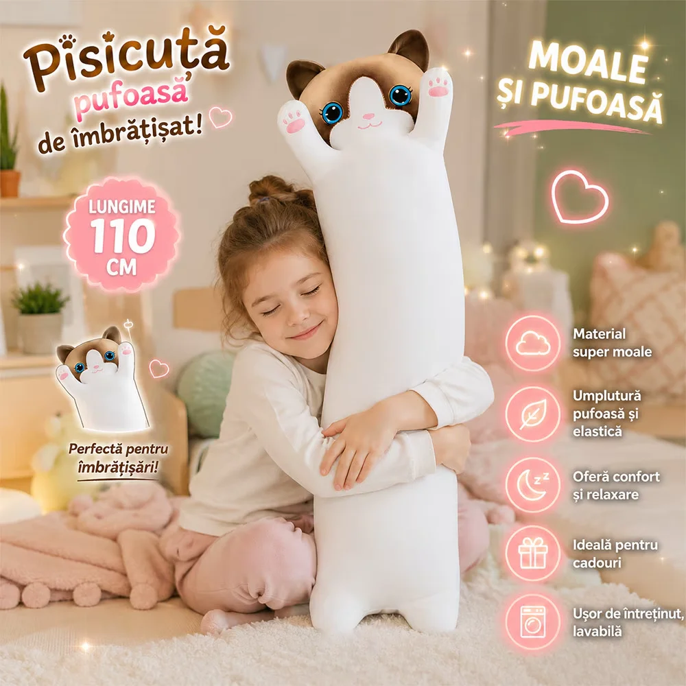 jucarie de plus pisica, tip perna, umplutura hipoalergenica, 110 cm, culoare gri soft (copie)