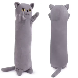 jucarie de plus pisica, tip perna, umplutura hipoalergenica, 110 cm, culoare gri soft