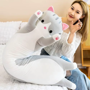 jucarie de plus pisica, tip perna, umplutura hipoalergenica, 110 cm, culoare gri