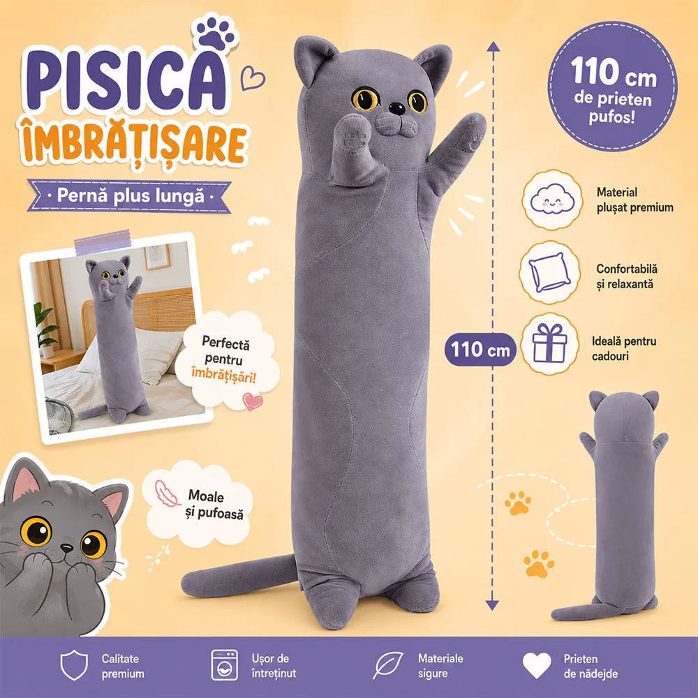 jucarie de plus pisica, tip perna, umplutura hipoalergenica, 110 cm, culoare gri soft