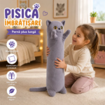 jucarie de plus pisica, tip perna, umplutura hipoalergenica, 110 cm, culoare gri soft