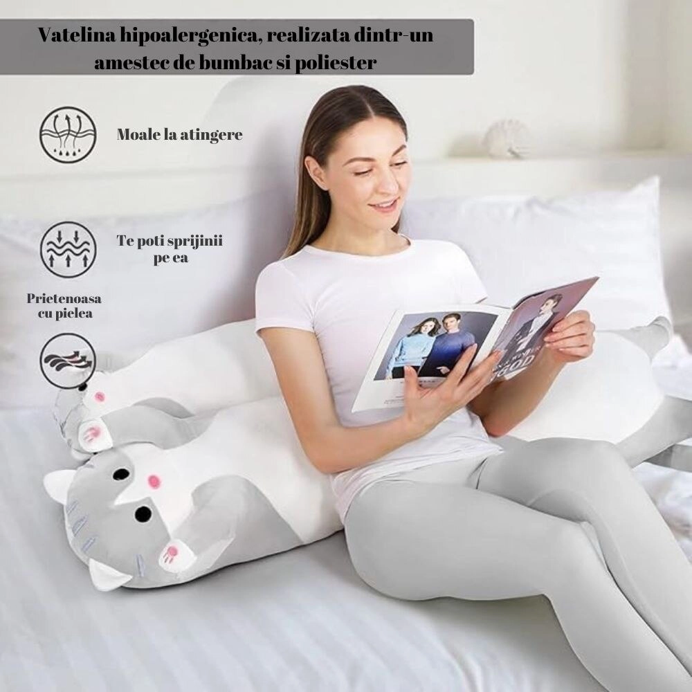 jucarie de plus pisica, tip perna, umplutura hipoalergenica, 110 cm, culoare gri