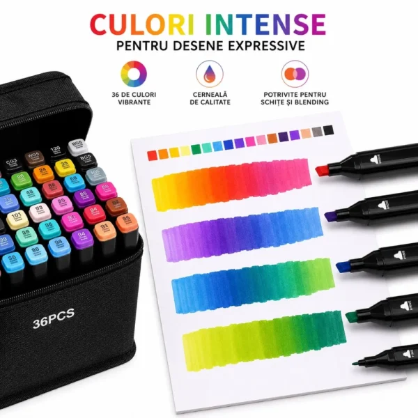 set 36 markere cu alcool impact vision®, culori intense pentru desen, schite, proiecte si husa inclusa set 36 markere cu alcool impact vision®, culori intense pentru desen, schite, proiecte si husa inclusa