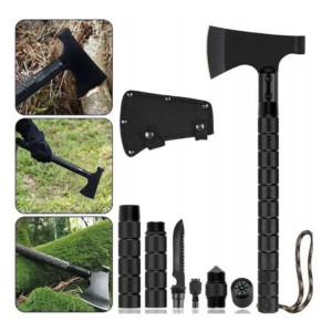 topor multifunctional 6 in 1 impact vsion®, cu amnar, fluier, cutit si busola, maner aluminiu, 43 cm