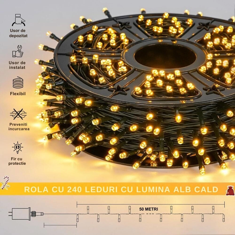 instalatie de craciun impact vision®, lungime 50 m, rola, 240 leduri, interior/exterior, 8 moduri, alimentare 220v, led, alb cald